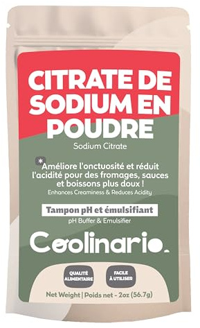 Coolinario Citrato di Sodio (56 g) Tamponatore di pH ed Emulsionante per Formaggi Fusi, Salse e Bevande | Aumenta la Cremositá e Riduce l’Aciditá | Ideale per Gastronomia Molecolare