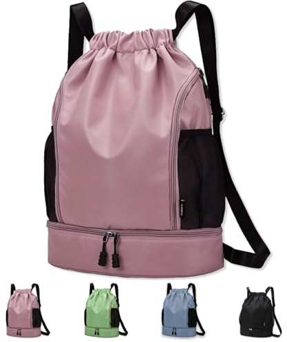 RainFlowwer Waterproof Drawstring Gym Bag with Shoe Compartment – Large Sports Backpack for Men & Women, Durable Drawstring Backpack for Travel, Gym, Hiking & Daily Use (Pink)