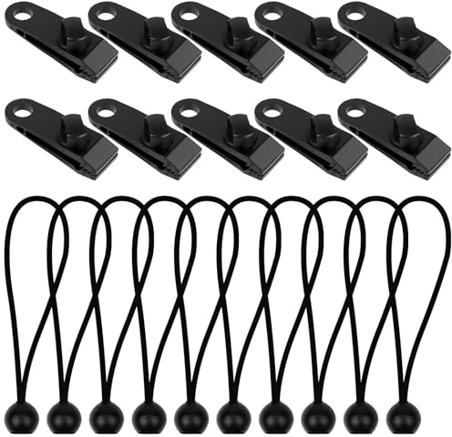 HOTUT Lot de 20 Clip pour Bâche Tente, 10pcs Pince pour Bâche Pince Verrouillage, 12pcs Tendeur Elastique avec Boule, pour Tentes, Couvertures, Auvents, Bannières, Pavillon, Camping