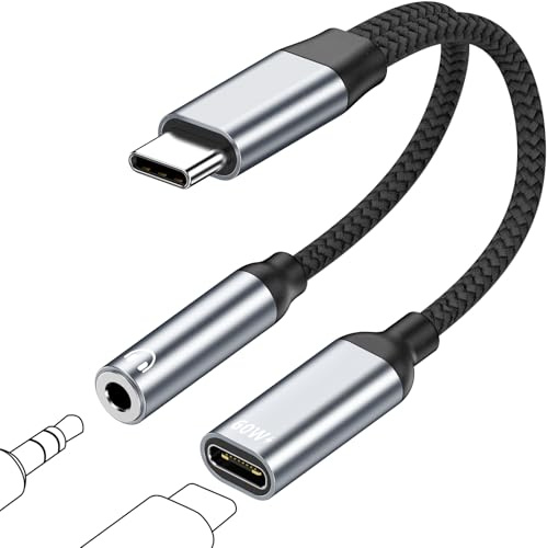 Adattatore e Ricarica per Cuffie USB C, 2 in 1 Jack da 3,5 mm USB C PD 60W Ricarica Rapida per iPhone 17 16 15 Pro Max, Cavo Aux Type C Audio Convertitore per Samsung S24/S23/S22/S21/Note 20