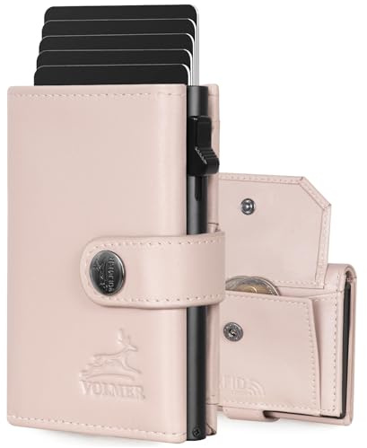 Fa.Volmer ® POP-UP Kartenetui mit Münzfach aus Echtleder für Herren & Damen | 12 Karten | RFID Schutz | Geldbörse VO45P (Powder, Großes Münzfach)