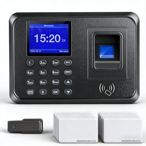Diseleri Orologio Marcatempo Biometrico per Piccole Imprese – 3-in-1: Lettore Impronte Digitali, Badge RFID (10 Inclusi), Codice PIN – Timbratrice Presenze Dipendenti senza WiFi, 0 Spese Mensili