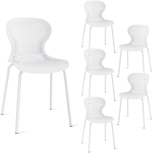 JIJIAN Pack de 6 Sillas de Jardín Apilables Blancas, Sillas de Comedor de Plástico con Patas de Metal, Sillas de Cocina para Jardín, Balcón, Comedor y Terraza