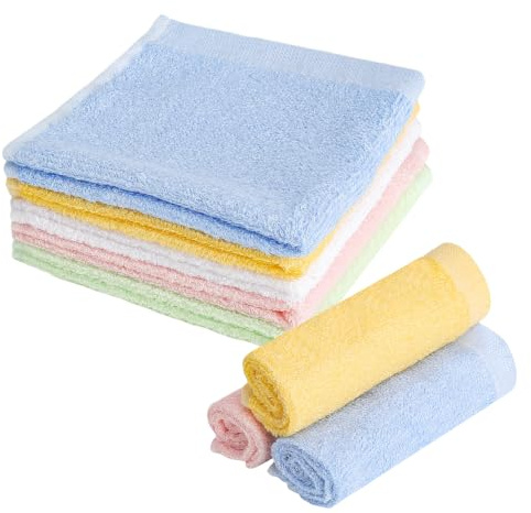 FIUTEKO Set tvålhandduk 25 x 25 cm, 10 handdukar små för ansikte och händer, handduksset absorberande, tvättbar och hållbar, naturlig bambufiber (vit/gul/rosa/grön/blå)