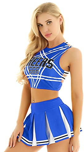 iiniim Disfraz de Animadora Uniforme Mujer Sexy Crop Top Falda Corta Plisada Traje de Porrrista Cosplay Halloween Carnaval Ropa Deportiva A Azul S