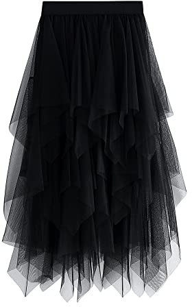 Damen-Tüllrock, elastisch, hohe Taille, Blumendruck, Abgestuft, geschichtet, unregelmäßiges Mesh, Ballett, Abschlussball, Party, Tüll, Tutu, Midirock in A-Linie (B-Black, ONE Size)