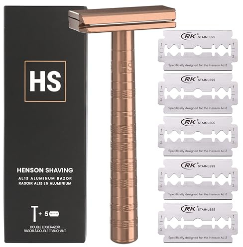 Henson Shaving Razor - Copper Double Edge Safety Razor with 5 Spare Blades - 30° Angled Precision With Superior Blade Rigidity- Reusable Single Blade Razors For Men and Women - Mild Aggression