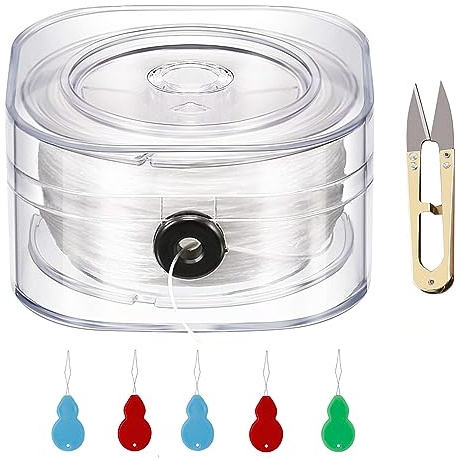120 metros de hilo elástico de cuerda elástica, color blanco transparente, hilo de perlas de cristal con aguja de perlas y tijeras para pulseras, collares, bisutería, manualidades (0,6 mm)