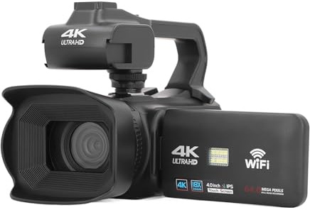 Videocámara con Cámara de Vídeo 4K, Cámara de Vlogging WiFi Ultra HD de 64MP con Zoom Digital de 18x, Cámara Digital de Visión Nocturna con Pantalla Táctil de 4 Pulgadas con Luz