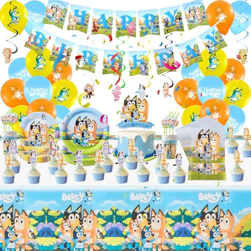 Chukua Bluey Pappteller Kindergeburtstag Deko- 113Pcs Dog Geburtstag Geschirr Set Geburtstagsdeko Partygeschirr Party Deko Tischdecke Servietten Teller und Becher Luftballon Banner Tortendeko 20 Gäste