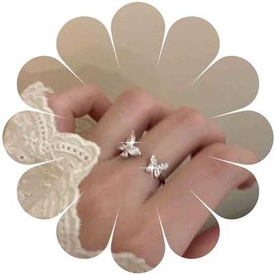 Aneneiceera Vintage Crystal Butterfly Rings Silver Cz Butterfly Finger Ring Half Open Knuckle Rings Double Rhinestone Butterfly Rings Adjustable Statement Ring Jewelry for Women and Girls