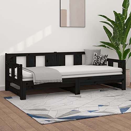 Festnight Divano Letto, Letto Estraibile, Divano Letto 2 Posti Dormeuse Estraibile, Struttura Letto, Letto in Legno Massello di Pino Nera 2X(80x200) cm
