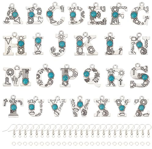 SUNNYCLUE 1 Box Mit 13 Paar Ohrringe Bastelsets Buchstabenanhänger Aus Stein Türkisfarbener Steinanhänger Alphabet Anhänger Buchstabenanhänger In Großen Mengen Glücksbringer Aus Türkis Für Schmuckhers