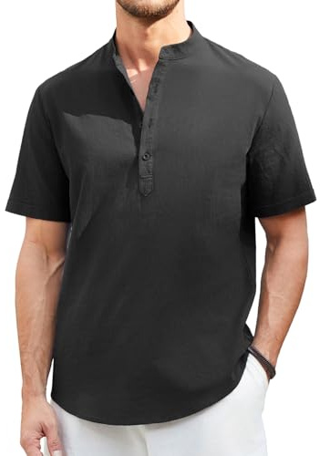 Enlision Camisa Negro Lino Hombre Verano Manga Corta Camisa Verano Hombres Cuello Mao Casual Playa Camisetas con Botónes Henley 2XL