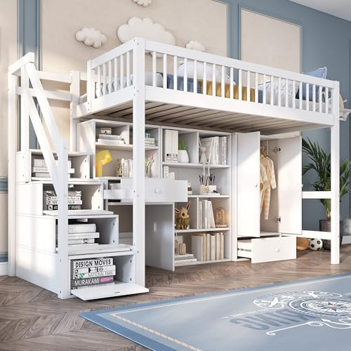 MQGPM Cama alta 90 x 200 cm con escritorio y escalera de almacenamiento, cama individual con estantes y armario, marco de cama con somier, cama de almacenamiento para niños y adolescentes, color