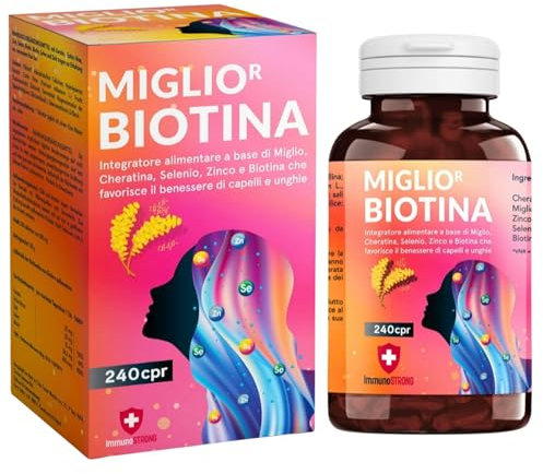 Miglior Biotina Capelli - Integratore capelli donna formula innovativa tra gli Integratori per Capelli con Miglio Biotina Cheratina e Zinco - Vitamine per capelli - ImmunoSTRONG