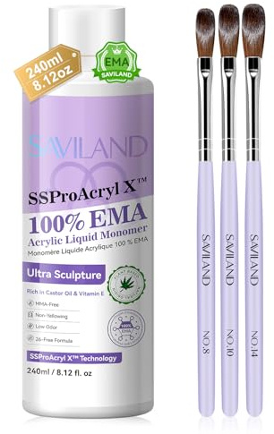 Saviland Pro Kit Liquide Acrylique pour Ongles Ultra Sculpture: 240 ml Liquide Acrylique à Ongles Monomère EMA avec 3 Pinceaux Acryliques pour l'Extension et Sculpture des Ongles