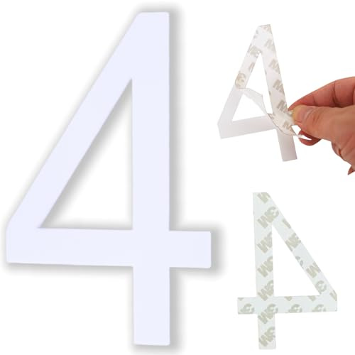4 Inch House Numbers, Self-adhesive Mailbox Numbers Modern House Numbers for Outside Address Numbers for House Office Hotel Room Farmhouse Easy to Install Strong adhesive backing (White 4)