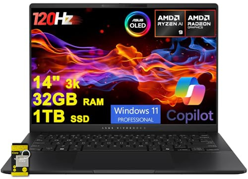 ASUS Vivobook S 14 Laptop 14 2880x1800 OLED 120Hz (600nits HDR) AMD 10-core Ryzen AI 9 365 (Up to 50 Tops) 32GB RAM 1TB SSD for Creator Designer Business Professional Win11Pro ICP Hub/Copilot+ AI PC