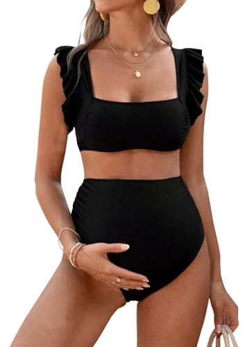 Tiorhooe Ensemble de maillot de bain taille haute pour femme enceinte - Bikini taille haute pour la grossesse - Maillot de bain 2 pièces, noir 2, L