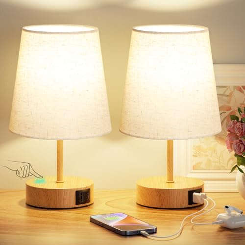 PreeOtti Lampada da Comodino Touch Set di 2 con Porte di Ricarica USB-C+A, Dimmerabile a 3 Vie, Paralume in Lino, Piccola Lampada da Tavolo per Camera da Letto Soggiorno Ufficio(Lampadina Inclusa)