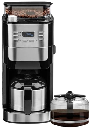 Chef Cuisine International Filter-Kaffeemaschine mit Mahlwerk, 2-12 Tassen, Edelstahl, LCD-Display, 8 Mahlgradeinstellungen, Glaskanne 1,2L, Warmhaltekanne 1L, Goldfilter, Automatische Abschaltung