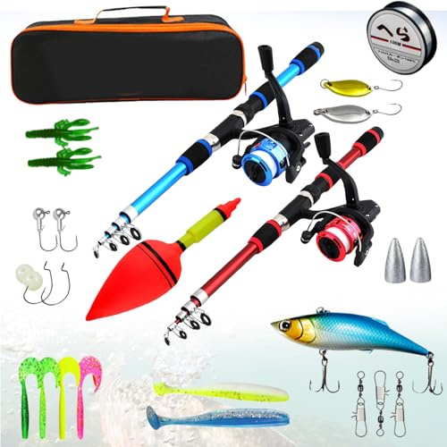 Juego de pesca para niños, 2 piezas de caña de pescar para niños con carrete de línea de pesca y juego de cebo, caña de pescar telescópica de 1,8 m, juego de iniciación para niños con bolsa, juego de