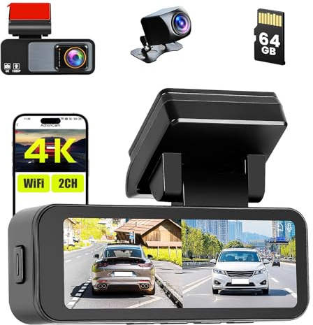 Inefala 4K Dashcam bil fram bak med GPS, Dual Dash Cam 4K+1080P, 3,16 tum IPS bilkamera med 64 GB SD-kort, nattsyn, vidvinkel, G-sensor, APP-kontroll