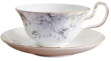 fanquare Vintage Blue Lilac Tea Cup and Saucer Set, 8 oz Porcelain Coffee Cup with Gold Trim, Ink Painting Flower Teacups for Women and Tea Parties