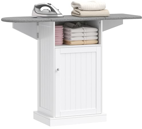 HOMCOM Mobile Asse da Stiro Salvaspazio Pieghevole con Ruote a Freno, Mobile da Stiro Multiuso con Vano Aperto, Ripiano Regolabile, per Lavanderia e Bagno, 121x37x89 cm, Bianco