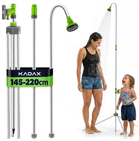 KADAX Trädgårdsdusch, justerbar höjd 145–220 cm, utomhusdusch med 1/2 tums anslutning för trädgårdsslang, campingdusch av aluminium, golvdusch för trädgård och camping