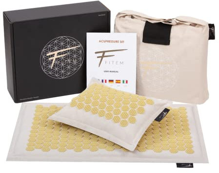 Fitem Akupressur-Set, hochwertig, natürlich – Akupressurmatte + Kissen + Tasche – lindert Schmerzen im Rücken und Nacken – Entspannung der Muskulatur – Patent