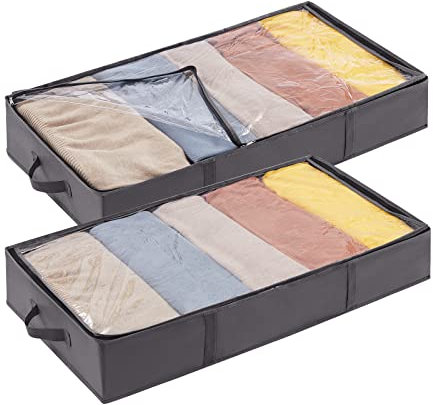 Lifewit 2 Pack UnderBed Storage Bags with Lid, Clothes Storage Boxes Foldable Under bed Storage Organizer with Reinforced Handle Thick Fabric Clear Window for Clothes Blankets Shoes, 65L, Grey
