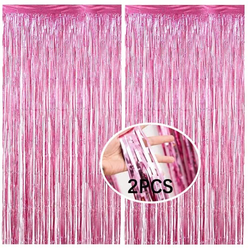 AMZJIMTOP Pink Tinsel Foil Fringe Curtain Party Decorations 2Pcs 3.3ft *6.6ft Metallic Tinsel Curtains Streamers Party Backdrop Foil Curtain for Birthday Party Wedding Holiday Decoration
