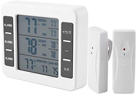 Kühlschrank-Thermometer, kabellos, digitaler akustischer Alarm, Gefrierschrank, Temperatur-Monitor, Kühlschrank-Thermometer mit 2 Fernbedienungen für Innen- und Außenbereich, Haus, Garten, Restaurant