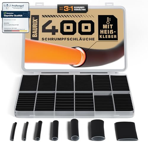 BAURIX® Set di Guaina Termorestringente 400 Pezzi - Rapporto di restringimento 3:1 - Tubo Termorestringente per Cavi Elettrici con strato interno colla a caldo - Impermeabile IP67 - Lunghezza 45 mm