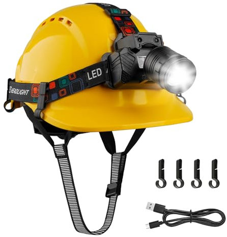 Mustbau Casque de Sécurité EN397, Casque avec LED Lampe Frontale avec Détecteur de Geste, 10W Lampe Super Lumineuse Convient pour Chantiers, Travail de Nuit, Pêche (Jaune)