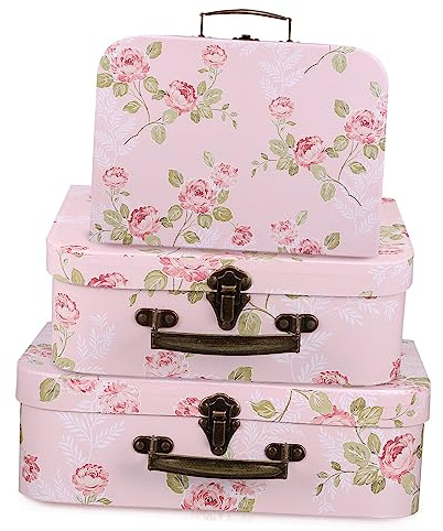 PRETYZOOM Set 3 Scatole in Carta Rosa con Manici in Metallo, Facili da Trasportare e Impilabili per Conservazione di Fiori e Souvenir da Viaggio
