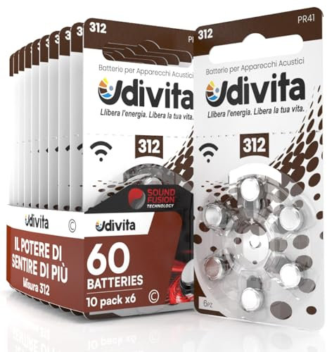 60 Batterie per Apparecchi Acustici Udivita Misura 312 PR41 a Lunga Durata con Tecnologia Phono Pulse - 10 Blister da 6 Pile