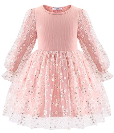 Arshiner Niñas Vestidos Tul Vestido de Manga Larga Niños Elegante Mangas Farol A-Line Vestido de Fiesta Casual Festiva Moda Otoño Invierno Vestido para Niñas 5-6 Años Rosa Claro