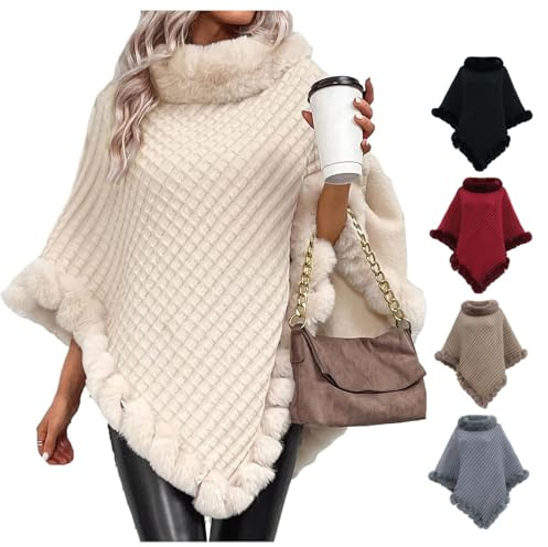 MAOAEAD Poncho avec bordure en fausse fourrure, Élégant Manteau Cape avec Col et Bordure en Fausse Fourrure Hiver Chaud Écharpe Tricotée pour Femmes