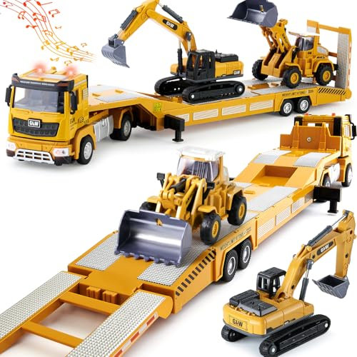 G.C Véhicule Chantier Jouet Enfant avec Excavatrice Bulldozer, 1:40 Camion Transporteur Voiture avec Sons et Lumières Véhicules de Construction Camion Jouet Cadeau pour Garçon 3 4 5 6 7 Ans