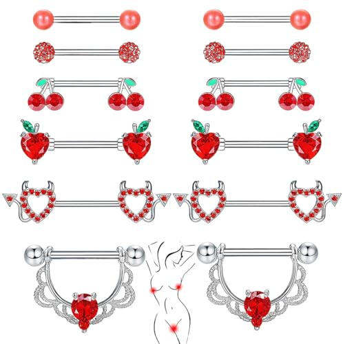 YOFDAL 6 PCS piercings para pezón, piercing para pezón, juego de joyas para mujer, color rojo y plateado, corazón y mariposa