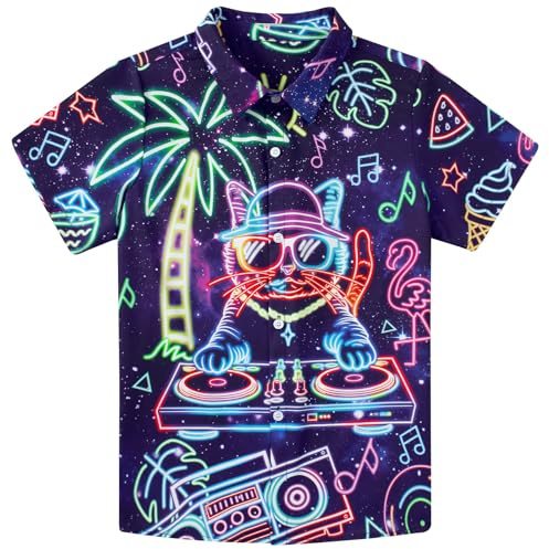 Fanient Boys Button Down Shirts Short Sleeve Neon Print Shirts Casual Wear T-Shirts for Boys 7-14 Years