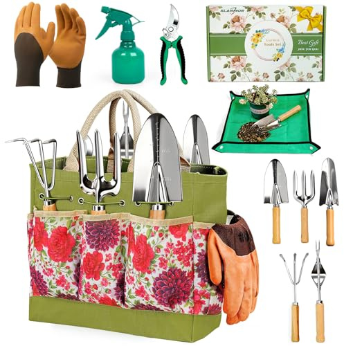 SLARMOR Garden Tools Set 10-Piece, Heavy Duty Gardening Tools Kit for Women & Men with Stainless Steel Hand Tool, Pruning Shears, Gloves, Bag - Ideal Gardening Gifts for Women & Gardeners