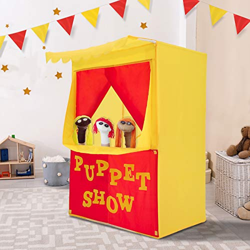 Alvantor® Lemonade Stand Puppet Show Theater Pretend Playhouse Play Tent Kids on Stage Doorway Table Top Sets for Toddlers Curtain Foldable Rods Children Dramatic Furniture, 28X20X41H, Yellow
