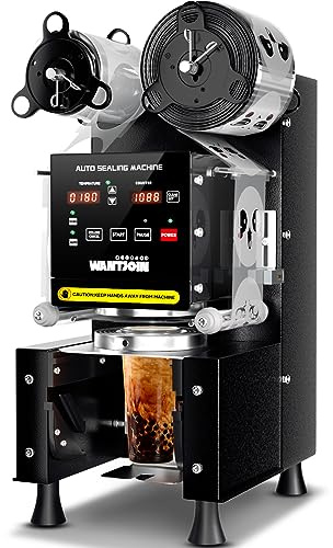 WantJoin Cup Sealing Machine Full Automatic Cup Sealer Machine 90/95mm Electric Cup Sealing Machine 500-600 Cups/H Digital Control LCD Panel Cup Sealer for Bubble Milk Tea Coffee Black
