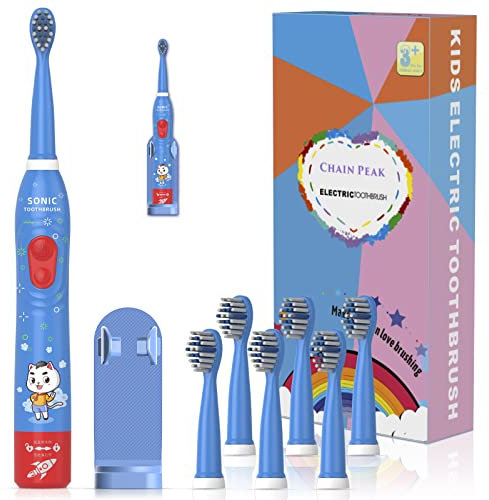 Kids Sonic Electric Toothbrush, Rechargeable Smart Toothbrush for Children Toddlers Boys Girls Age 3-12 with 30s Reminder, 2 Mins Timer, 6 Modes, 2 Brush Heads (8630 Blue+ 2 Heads)