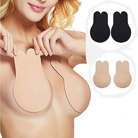 whiteswan 2 Pairs Invisible Lift-Up Bra, Adhesive Bra Anti-Penetration Point Adhesive Bra, Breast Lift Tape Push Up Strapless Nipple Covers (XL-Diameter 13CM,Black+Skin Color)