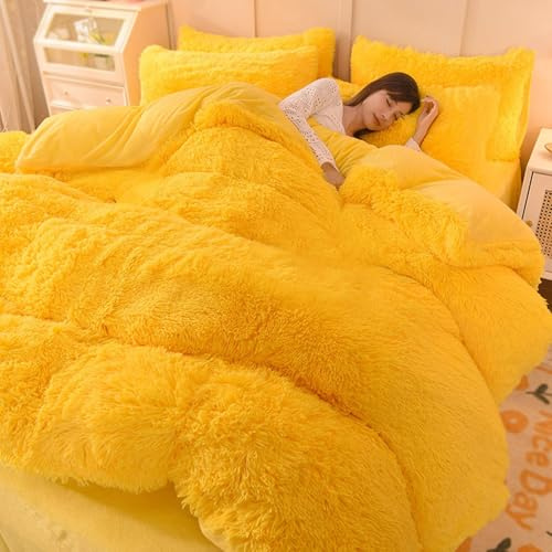AETVRNI Luxury Plush Shaggy Faux Fur Duvet Cover Set, Super Soft 4 Pieces Yellow Fluffy Comforter Cover Set, Bedding Set(1 Plush Furry Duvet Cover+ 1 Flat Sheet+ 2 Pillow Shams),21,Queen